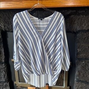West Kei Small Size S Striped V-Neck Women's Top shirt blouse striped blue white